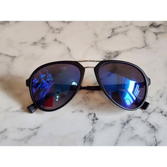 Aviator Style Black Frame Sunglasses UV400 Protection & Blue Reflective Lenses - Picture 1 of 6